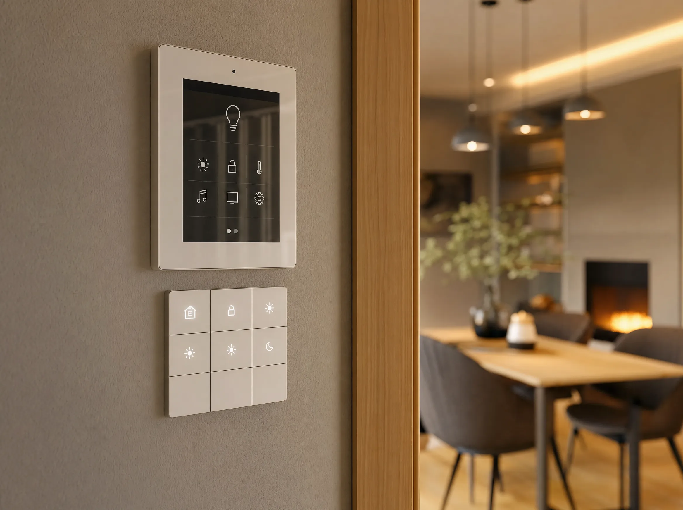 Smart-Home-Bedienpanel an einer Wohnzimmerwand
