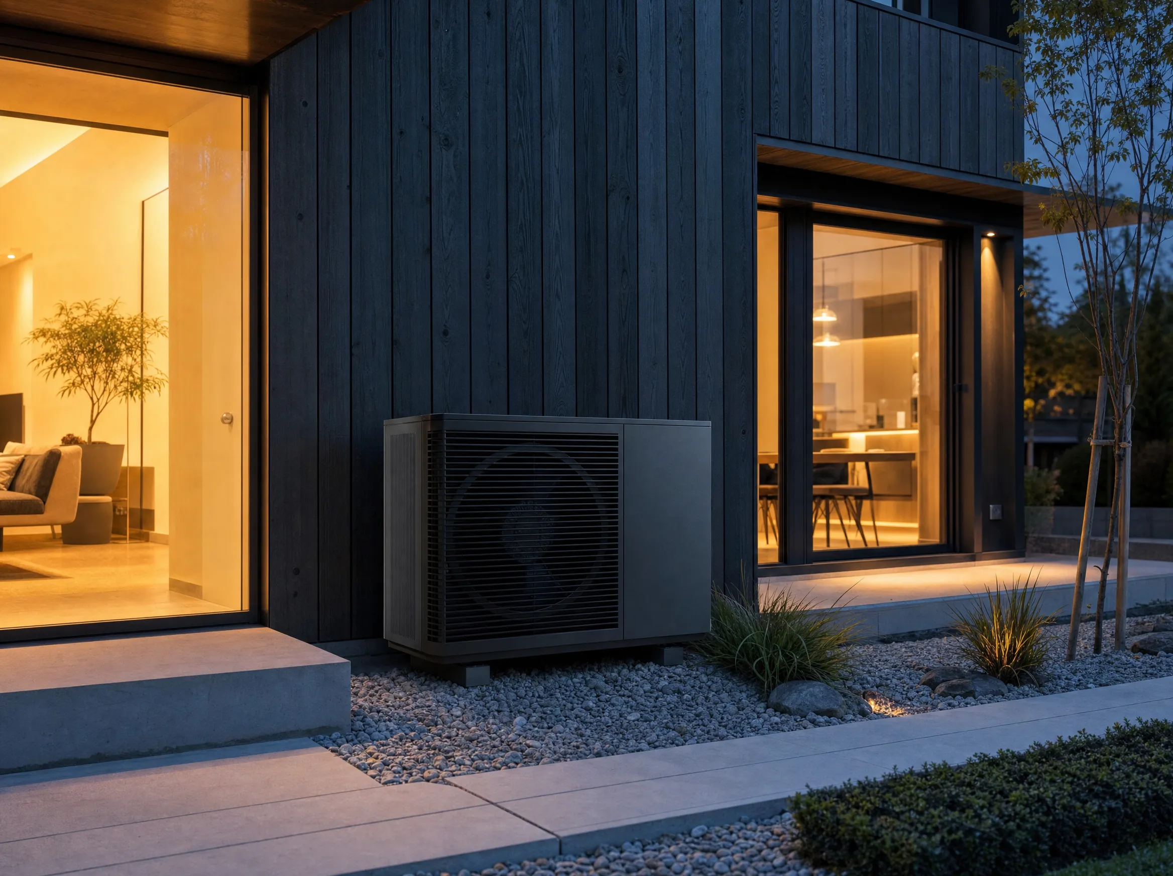 Wärmepumpe an moderner Holzfassade am Abend
