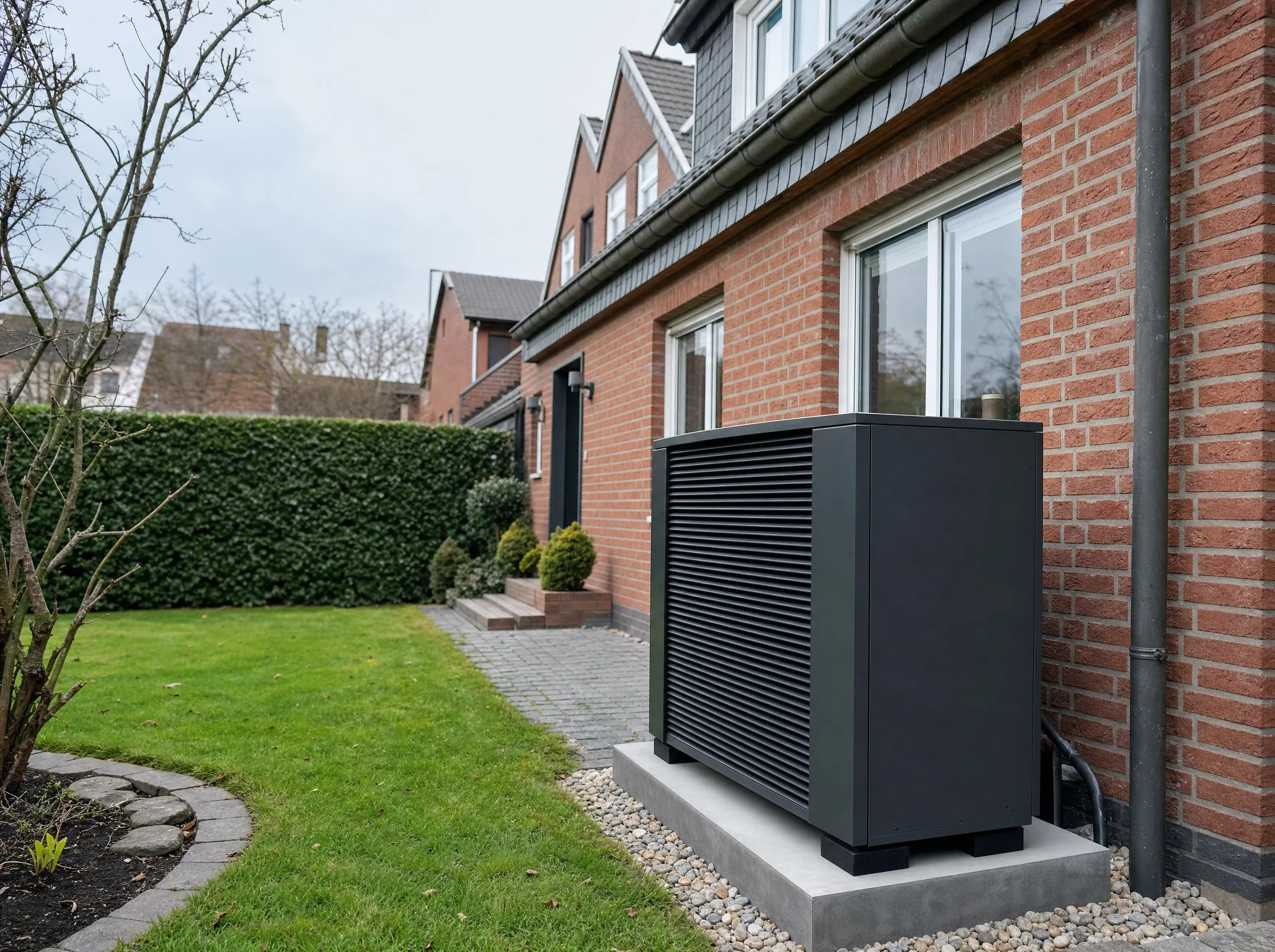 Wärmepumpe an Klinkerfassade einer Doppelhaushälfte