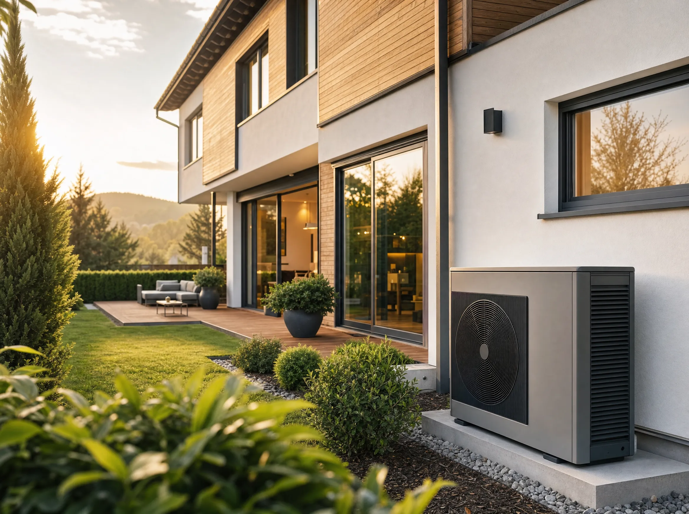 Wärmepumpe an modernem Haus mit Holzfassade
